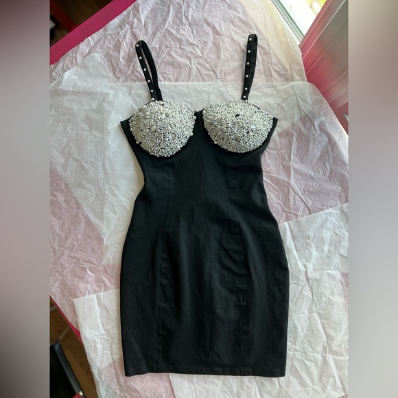 EUC VTG Pearl Mermaid cocktail mini dress 90s black pearls seashell bra - Picture 10 of 17